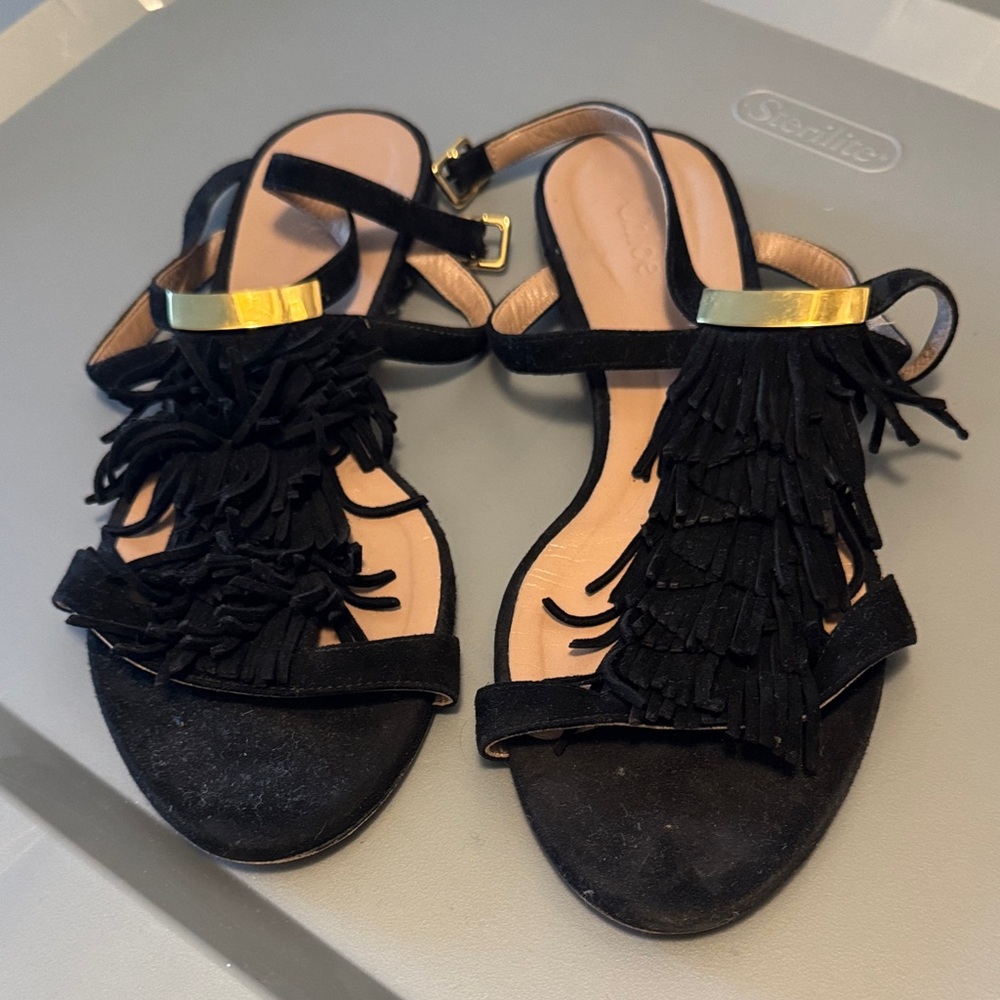 Chloe Black Sandals with Fringe and Gold Accents sz 40.5